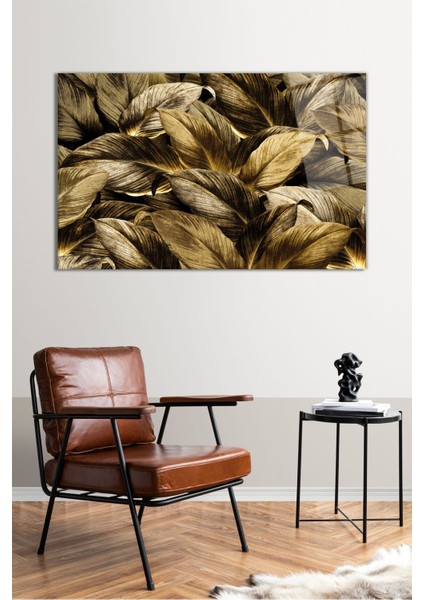 Altın Yapraklar Yatay Cam Tablo, Modern Ev Ofis Dekoru, Hediyelik Duvar Dekorasyonu, Kırılmaz Cam fiyatları