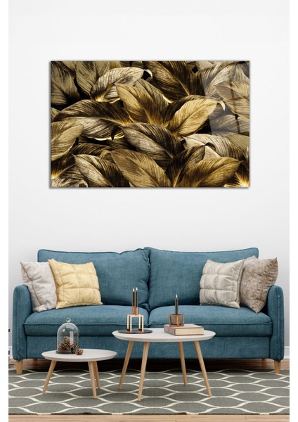 Altın Yapraklar Yatay Cam Tablo, Modern Ev Ofis Dekoru, Hediyelik Duvar Dekorasyonu, Kırılmaz Cam modelleri