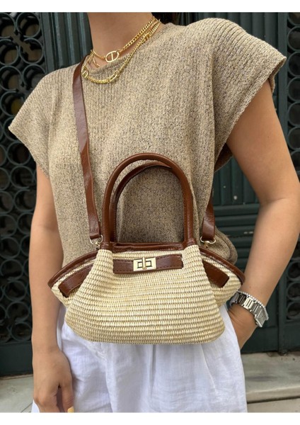 Mini Hasır Çanta, Taba, Kemer Detaylı, Şık ve Hafif Günlük Çanta modelleri
