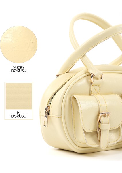 Sarı SHK231 Kırışık Dokulu Suni Deri, Fermuarlı, 3 Bölmeli, Ön Cep Detaylı, El, Kol Ve omuz çantası