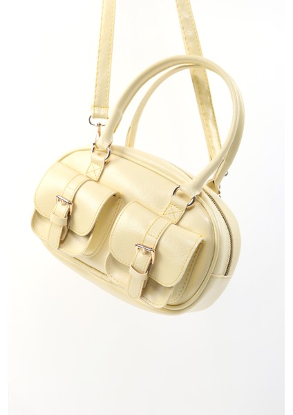 Sarı SHK231 Kırışık Dokulu Suni Deri, Fermuarlı, 3 Bölmeli, Ön Cep Detaylı, El, Kol Ve omuz çantası