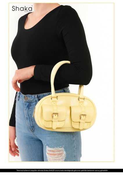 Sarı SHK231 Kırışık Dokulu Suni Deri, Fermuarlı, 3 Bölmeli, Ön Cep Detaylı, El, Kol Ve omuz çantası