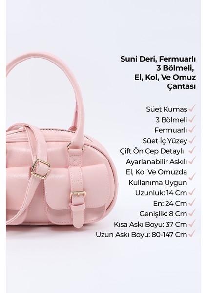 Şeker Pembesi SHK231 Kırışık Dokulu Suni Deri, Fermuarlı, 3 Bölmeli, Ön Cep Detaylı, El, Kol Ve omuz çantası