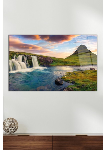 Şelale Manzarası Yatay Cam Tablo, Modern Ev Ofis Dekoru, Hediyelik Duvar Dekorasyonu, Kırılmaz Cam