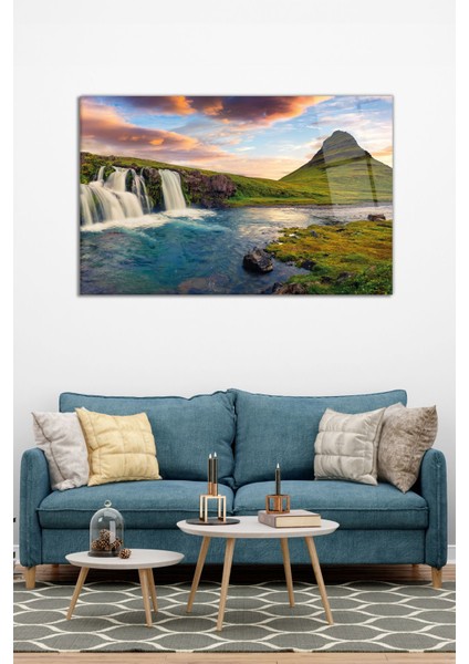 Şelale Manzarası Yatay Cam Tablo, Modern Ev Ofis Dekoru, Hediyelik Duvar Dekorasyonu, Kırılmaz Cam modelleri