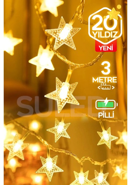 3 Metre Pilli Potart 20 Yıldızlı Dekoratif LED Işık Pilli Gün Işığı Süsleme Parti Ambiyans