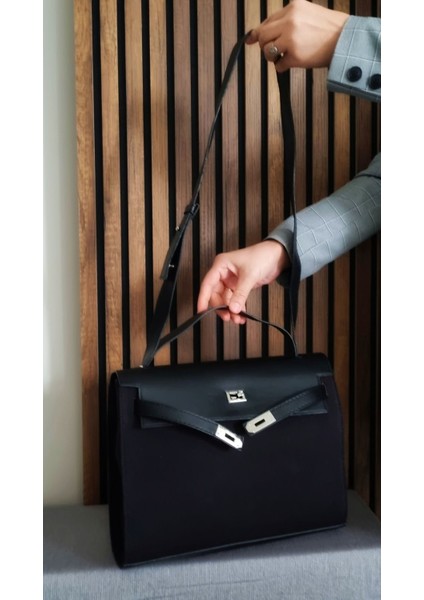 Kadın Siyah Kilitli El ve Omuz Çantası, Şık ve Kullanışlı Tasarım