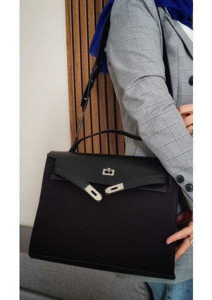 Kadın Siyah Kilitli El ve Omuz Çantası, Şık ve Kullanışlı Tasarım