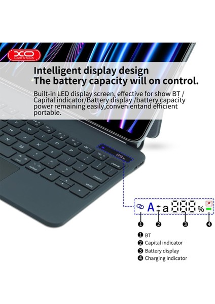 iPad Pro 11 ile Uyumlu (1.-2.-3.-4. Nesil) / 4-5-6 iPad Air ile Uyumlu Kablosuz Bluetooth Klavye 10.9''/11'' – Touchpad’li, Dijital Ekranlı, Şarj Edilebilir, Türkçe Q, 64 Tuşlu, KB09, Siyah modelleri