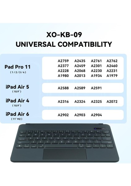 iPad Pro 11 ile Uyumlu (1.-2.-3.-4. Nesil) / 4-5-6 iPad Air ile Uyumlu Kablosuz Bluetooth Klavye 10.9''/11'' – Touchpad’li, Dijital Ekranlı, Şarj Edilebilir, Türkçe Q, 64 Tuşlu, KB09, Siyah indirimleri
