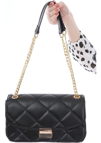Şık Siyah Baklava Desenli Zincir Askılı Fırfırlı Çanta