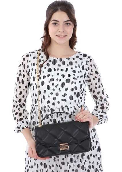 Şık Siyah Baklava Desenli Zincir Askılı Fırfırlı Çanta modelleri