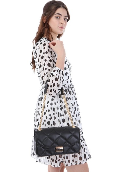 Şık Siyah Baklava Desenli Zincir Askılı Fırfırlı Çanta indirimleri