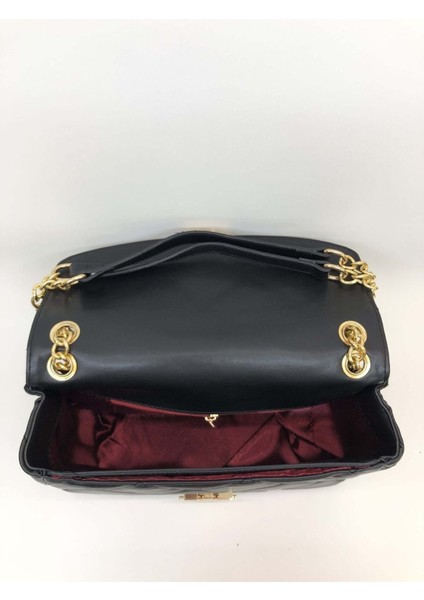 Şık Siyah Baklava Desenli Zincir Askılı Fırfırlı Çanta