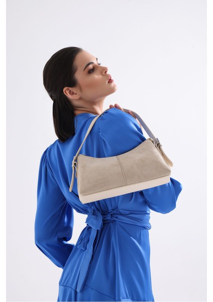 Şık Kadın Süet Desenli Suni Deri Omuz Çantası Bej Renk modelleri