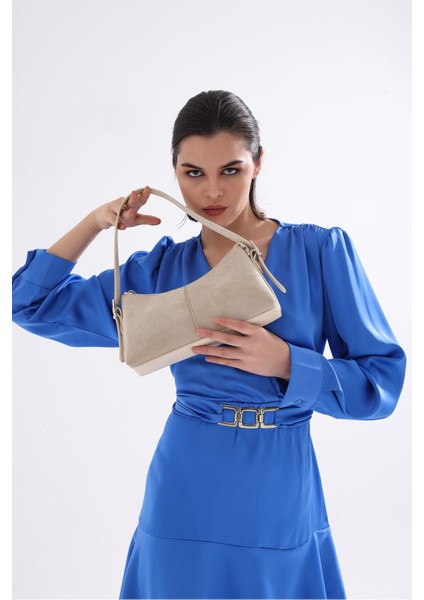 Şık Kadın Süet Desenli Suni Deri Omuz Çantası Bej Renk fırsatları