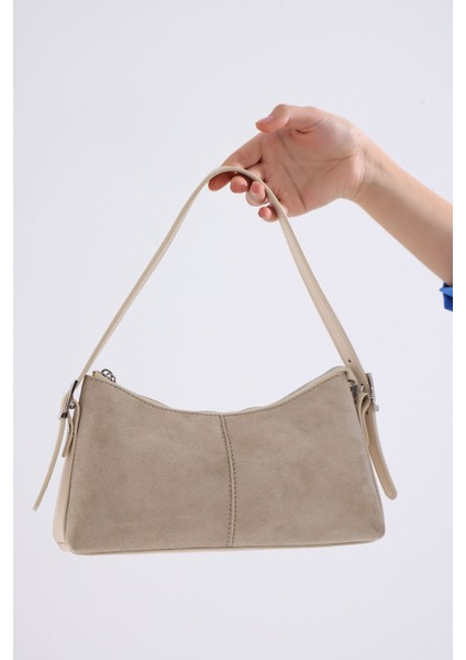 Şık Kadın Süet Desenli Suni Deri Omuz Çantası Bej Renk indirimleri