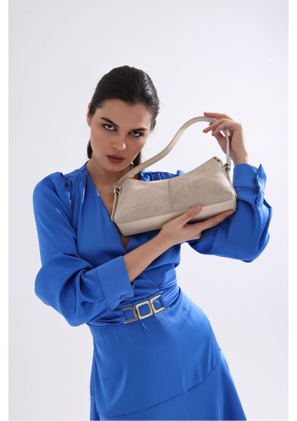 Şık Kadın Süet Desenli Suni Deri Omuz Çantası Bej Renk