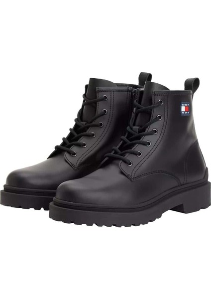 Erkek Kauçuk Kaplamalı Bağcıklı ve Fermuarlı Bot - Siyah