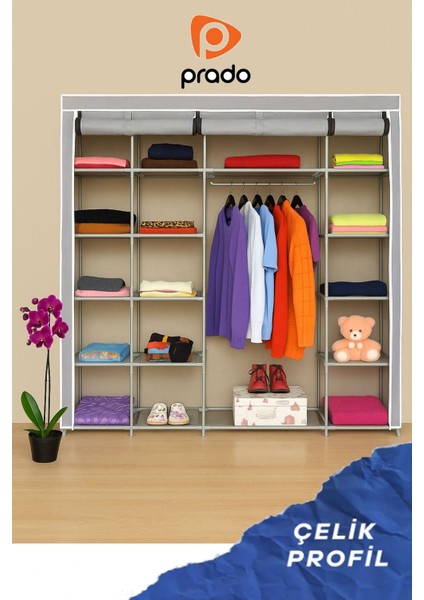 Easy Xtra Çift Yandan Raflı Çelik Profilli Bez Dolap Gri
