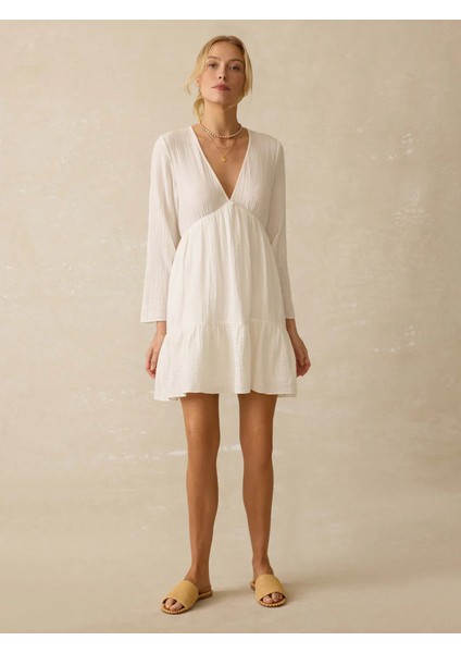 Müslin V Yaka Kadın Elbise – Mini Elbise – Uzun Kollu – %100 Pamuk – Yazlık – Plajlık