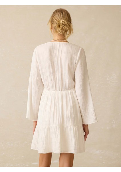 Müslin V Yaka Kadın Elbise – Mini Elbise – Uzun Kollu – %100 Pamuk – Yazlık – Plajlık fiyatları