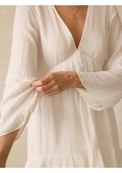 Müslin V Yaka Kadın Elbise – Mini Elbise – Uzun Kollu – %100 Pamuk – Yazlık – Plajlık fırsatları
