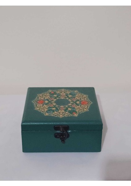 Yeşil Ahşap Dekoratif Takı ve Aksesuar Kutusu 14,5X14,5X7 cm