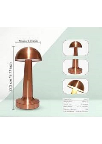 Lizbon Mantar Dokunmatik Şarjlı Masa Lambası, Rose Renk, 23 cm modelleri