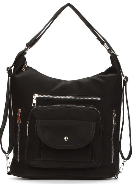 Şık Çok Yönlü Saten Deri Omuz ve Sırt Çantası, Siyah