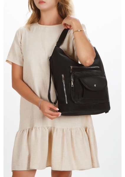 Şık Çok Yönlü Saten Deri Omuz ve Sırt Çantası, Siyah fiyatları