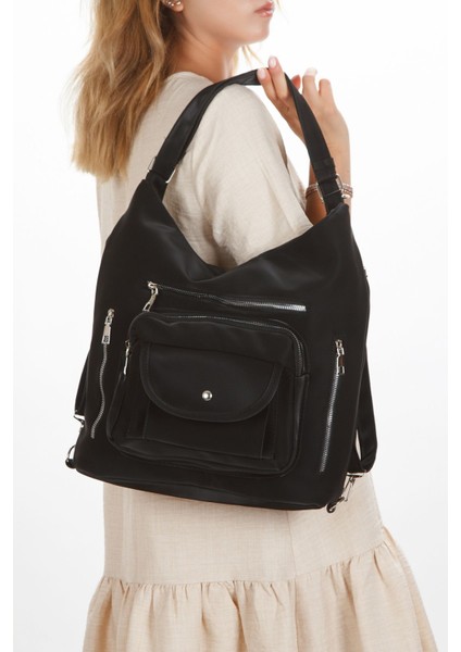 Şık Çok Yönlü Saten Deri Omuz ve Sırt Çantası, Siyah