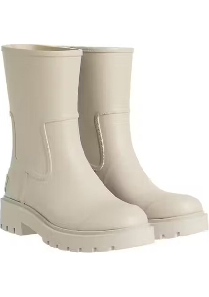 Kadın Kalın Tabanlı Yanları Panelli Yağmur Botu - Krem