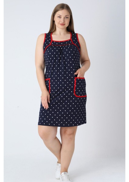 Kadın Büyük Beden Lacivert Puantiyeli Askılı Biyeli Cepli Pamuklu Elbise