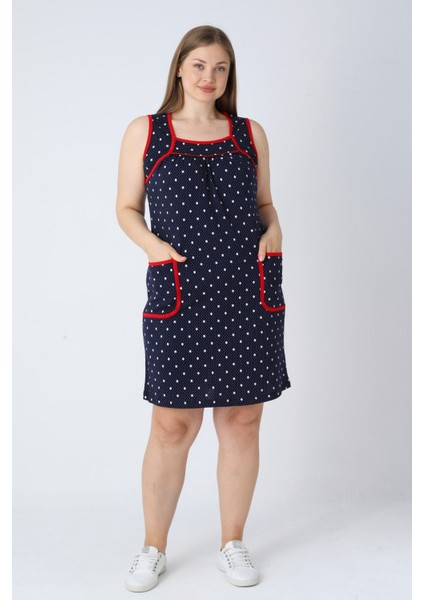 Kadın Büyük Beden Lacivert Puantiyeli Askılı Biyeli Cepli Pamuklu Elbise fiyatları