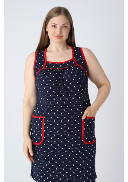 Kadın Büyük Beden Lacivert Puantiyeli Askılı Biyeli Cepli Pamuklu Elbise modelleri