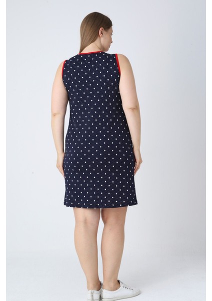 Kadın Büyük Beden Lacivert Puantiyeli Askılı Biyeli Cepli Pamuklu Elbise indirimleri