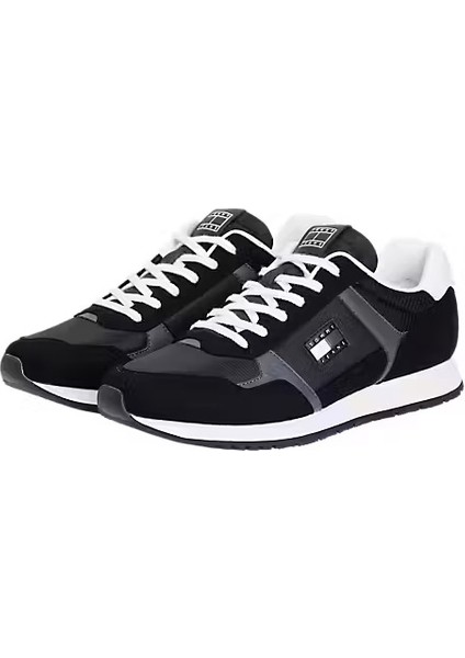Erkek Kumaş Kombinli Koşu Stili Sneaker - Siyah