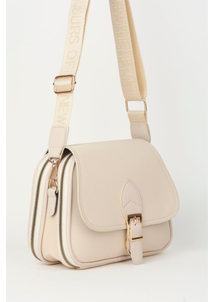 Şık Kadın Krem 4 Cepli Kapaklı Kolon Askılı Fermuar ve Çıt Çıt Kapama Çanta