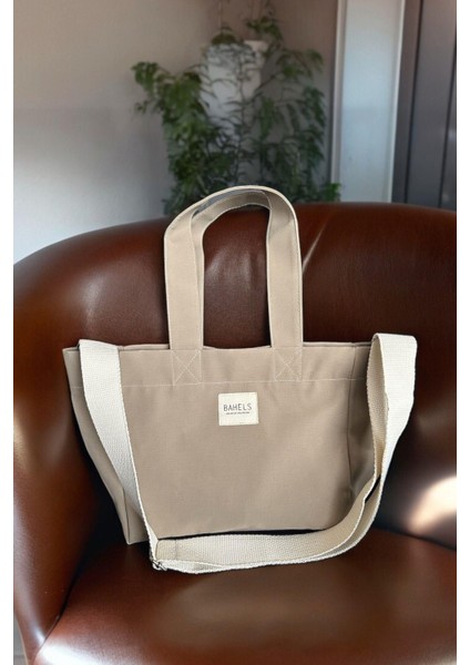 Şık Bej Mumlu Kanvas Omuz Çantası, Yıkama Efekti, Günlük Kullanım Için Idealdir