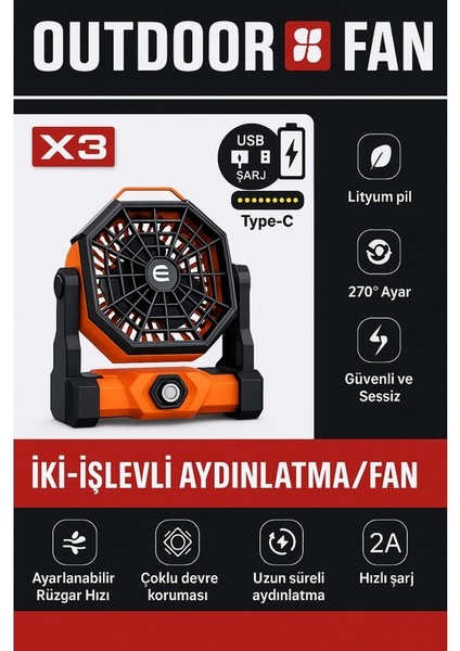 Taşınabilir LED Fenerli Kamp Vantilatörü, Şarj Edilebilir Çadır Vantilatörü X3 (Yurt Dışından)