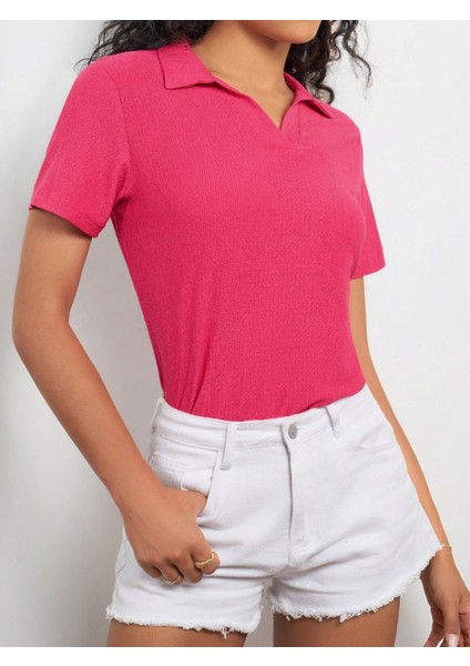 Kadın Pembe Polo Yaka Kısa Kol Bluz modelleri
