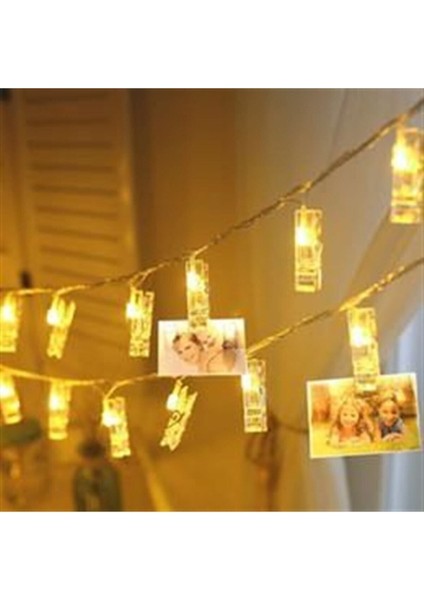 3 M 20'li LED Işıklı Dekoratif Fotoğraf Askılı Mandalları Bej