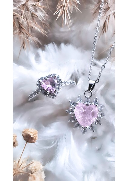Kalp Figürlü Pembe Çelik Kolye Yüzük Set