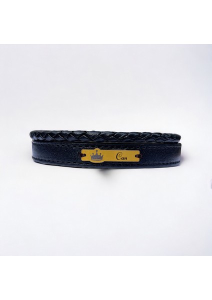 Altın Plakalı 14 Ayar Can Ismine Özel Taç Motifli Hakiki Siyah Derili Hediye BILEKLIK-574ISIM