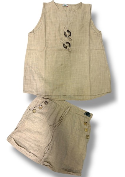 Kadın Keten Pamuk Düğmeli Şort ve Düğmeli Kolsuz Bluz Takım