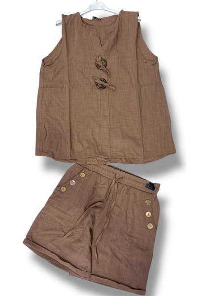 Kadın Keten Pamuk Düğmeli Şort ve Düğmeli Kolsuz Bluz Takım