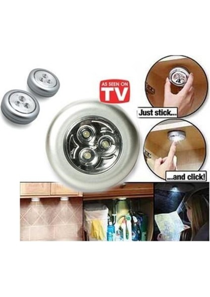 Gri Renkli 3'lü Kablosuz LED Spot Lamba, Yapışkanlı ve Pilli, Pratik Aydınlatma Seti