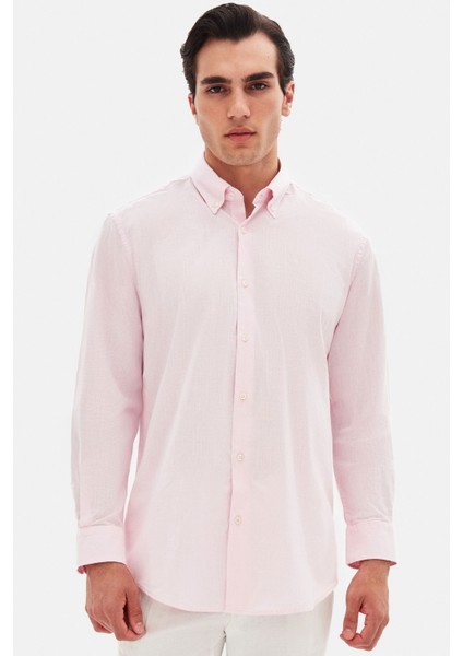 Ds Damat Comfort Pembe Düğmeli Yaka Rahat Kesim Keten Görünümlü %100 Pamuk Gömlek 2HC02ORT64265