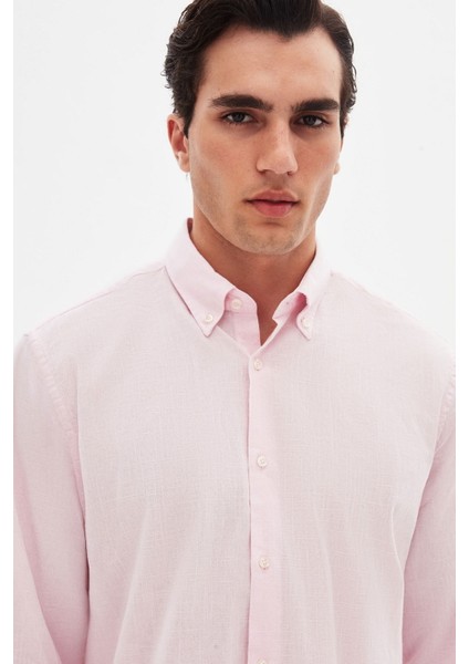 Ds Damat Comfort Pembe Düğmeli Yaka Rahat Kesim Keten Görünümlü %100 Pamuk Gömlek 2HC02ORT64265 fiyatları